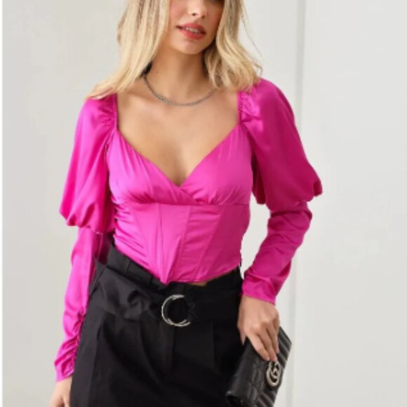 Tops - Long Puff Sleeve Corset Crop Top